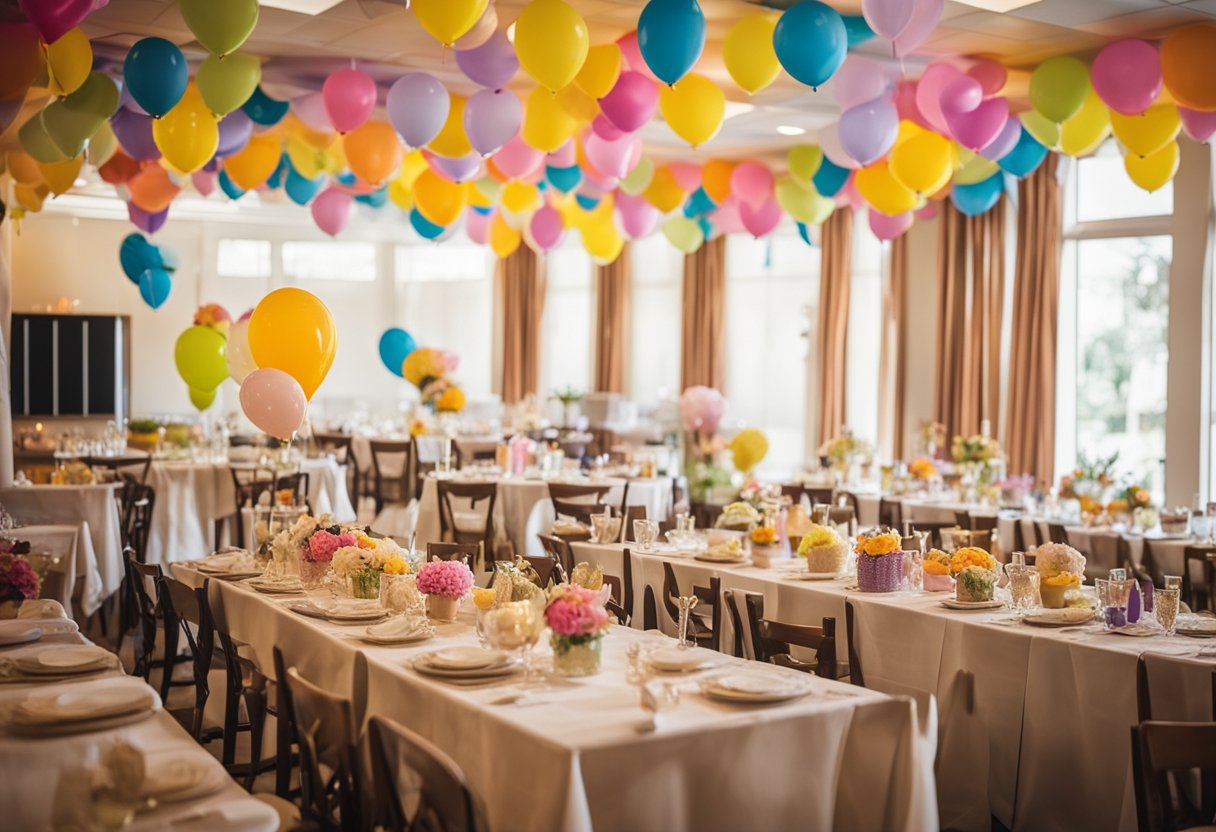 An 18th birthday party decor example with tables, centerpieces, and balloons.